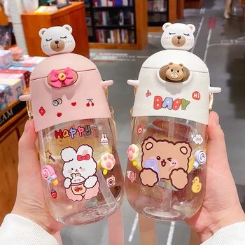 Urs drăguț Sticla de Apa Cu Paie Autocolant Pentru Copii Fete Kawaii Lapte din Plastic Desene animate Suc Portabil Cană de BPA Gratuit 500ml