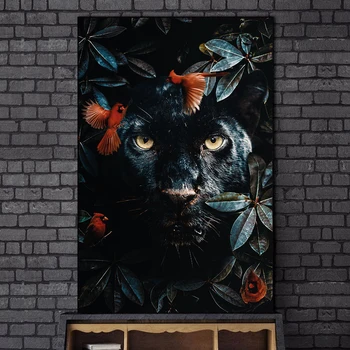 Leopard negru Panza Poster de Perete Decor Animale Plante Postere si Printuri Fara rama Nordică Acasă Decor Cameră