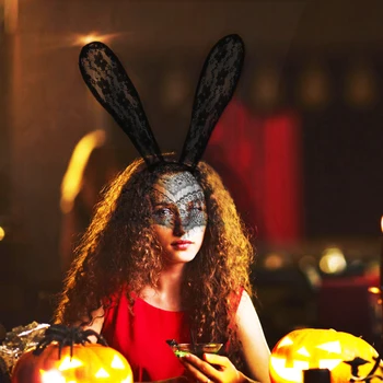Costum de Halloween Petrecere de Iepure, Urechi de iepure Banda Hairband cu Masca de Ochi Dantela Voal Negru Floare Albă de Dantelă articole pentru acoperirea capului
