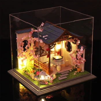 Artizanat în Miniatură casă de Păpuși cu Realiste Mobilier Kit-ul cu LED-uri Lumina de Praf Acoperă Ambarcațiuni de Lemn Japonez Șah Club Model
