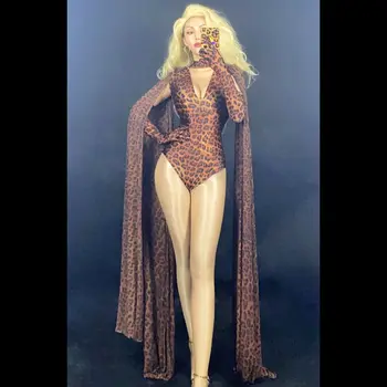 Moda Leopard Model Hollow Body Mănuși Șal Tipărite Petrecere Tinuta DS Femei Cantareata Dansatoare de Performanță Costum
