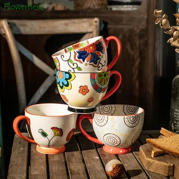 Mare de Mână-pictat Cana Ceramica 450ml Ceașcă de Cafea Coffeeware mic Dejun Cana de Lapte Ceașcă de Ceai cu Maner Creative Nordic Cana de Cafea