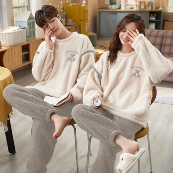 Cuplu coreean Set de Pijama Femei / Bărbați de Iarnă Flanel Cald 2 BUC Pijamale, îmbrăcăminte de noapte de sex Feminin Pijamas Costum Coral Fleece Body