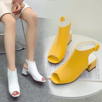 Femei Sandale Peep Toe Plus Dimensiune 43 44 45 46 47 48 Pantofi Handmade Negru Galben Stil Coreean Mare Patrati Bloc Tocuri Catarama Petrecere