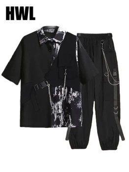 Unisex 3 Piece Set cu mânecă Scurtă Tricou+Pantaloni Femei Harajuku Liber BF Vintage Lanț de Nișă Trei Piese Set pentru Femei