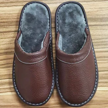 De mari dimensiuni 47 48 barbati toamna iarna interior piele papuci unisex de înaltă calitate acasă plat cu blană papuci de femei pantofi de piele