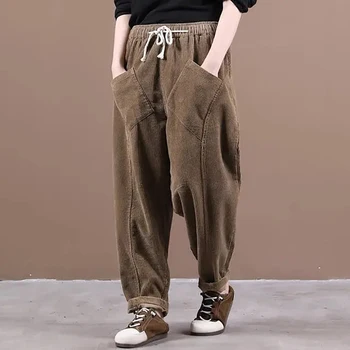 Moda Coreeană Pantaloni De Catifea Nouă Femei Vintage Plus De Catifea Groasă Cald Cordon Pantaloni Confort All-Meci Matlasat Pantaloni Largi