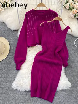 2022 Ștrasuri Din Mărgele Tricotate Femei Seturi Largi Mâneci Lungi Pulover+ Solid Elastic Rochie Stil Francez Casual Două Bucata Set