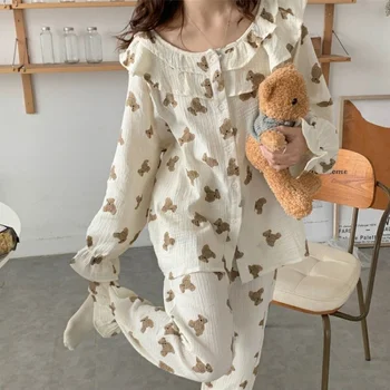 QWEEK Dulciuri Japoneze Camera Poarte pentru Femei Pijamale de Bumbac Urs de Imprimare de Costume cu Pantaloni de Vară Pijamale Drăguț Haine Cardigan Cămășuță de noapte