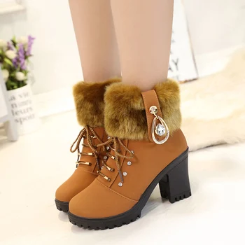 2022 Iarna Noi Femeile Pantofi cu Tocuri de Caldă Non-alunecare Bloc de Vacă Cald piele de Căprioară Cizme de Zapada Designer de Moda de Cristal de Pluș Goth Botas