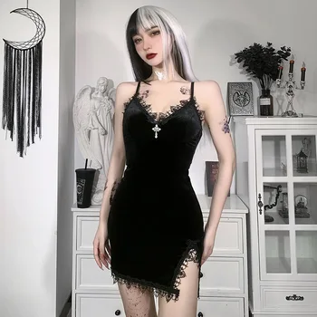 Vara Negru Europa și America Mini Rochie Vintage Sexy Curea de Spaghete Talie Mare Fantă Rochii Goth Party Club de Femei Dresss