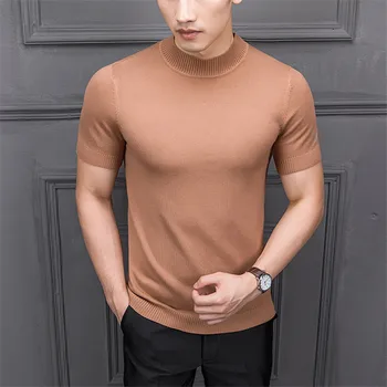 Men ' s Bumbac T-shirt Pulover Jumătate Guler Solid Suge Sudoare de Înaltă Calitate De Lj de Îmbrăcăminte Tricotate Casual cu Maneci Scurte Pulover