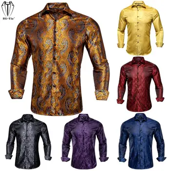 Hi-Cravata Matase Jacquard Mens Tricouri Maneca Lunga Aur Roșu Albastru Negru Maro Slim Fit Shirt Pentru Bărbați Rochie De Blugi De Afaceri De Nunta