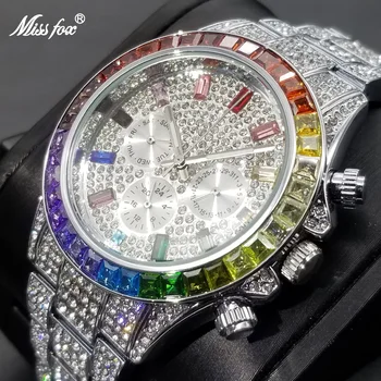 MISSFOX Colorat Plin Daimond Bărbați Ceasuri de Lux de Gheață Afară Calendar Cuarț Ceas de mână Hip Hop de Moda Luminoase rezistent la apa Ceasul