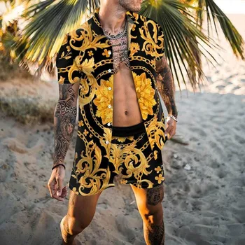 Vara Oamenii Hawaiian Seturi de Imprimare Maneci Scurte Buton de Cămașă pantaloni Scurți de Plajă Set Streetwear Casual de Vacanta Bărbați 2 Bucata Costum