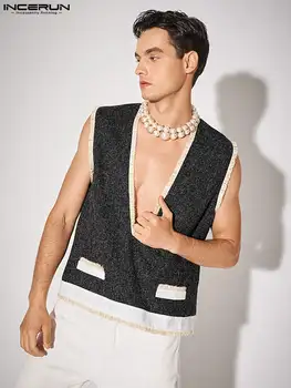 Casual Streetwear Stil Topuri INCERUN Noi Bărbați Guler de Proiectare Vesta Petrecere de Vacanță de Vânzare Fierbinte de sex Masculin Carouri V-neck Veste S-5XL